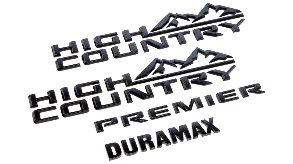 Emblemas High country, Duramax, y Premier en color negro